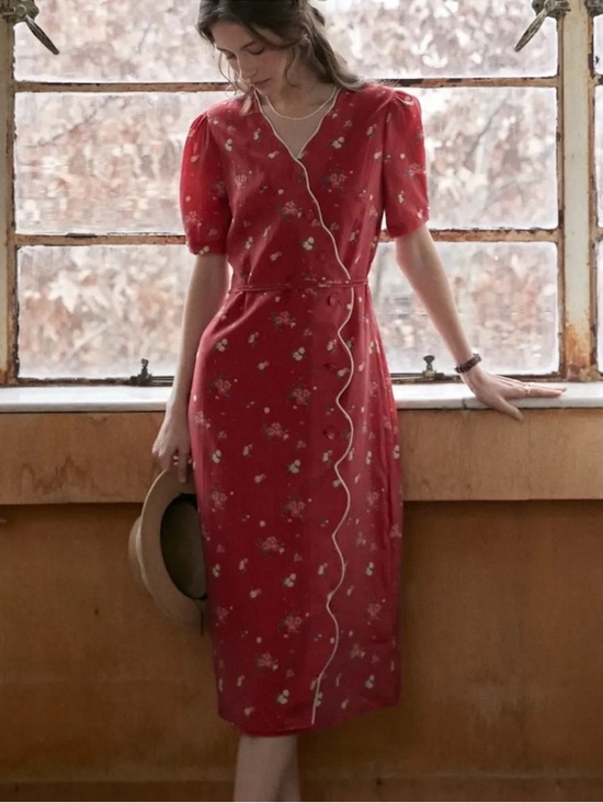 Simple Retro Dresses & Skirts - Simple Retro Kimura Floral Print Wrap Midi Dress Red